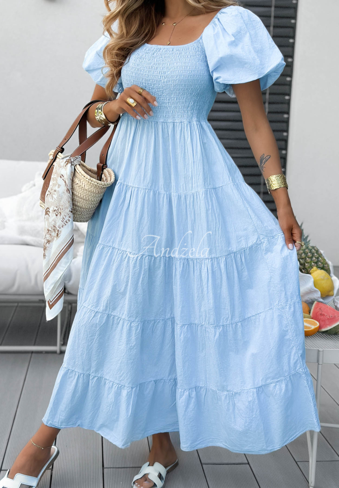 Rochie midi din bumbac cu volănașe și mâneci bufante Ocean Breeze