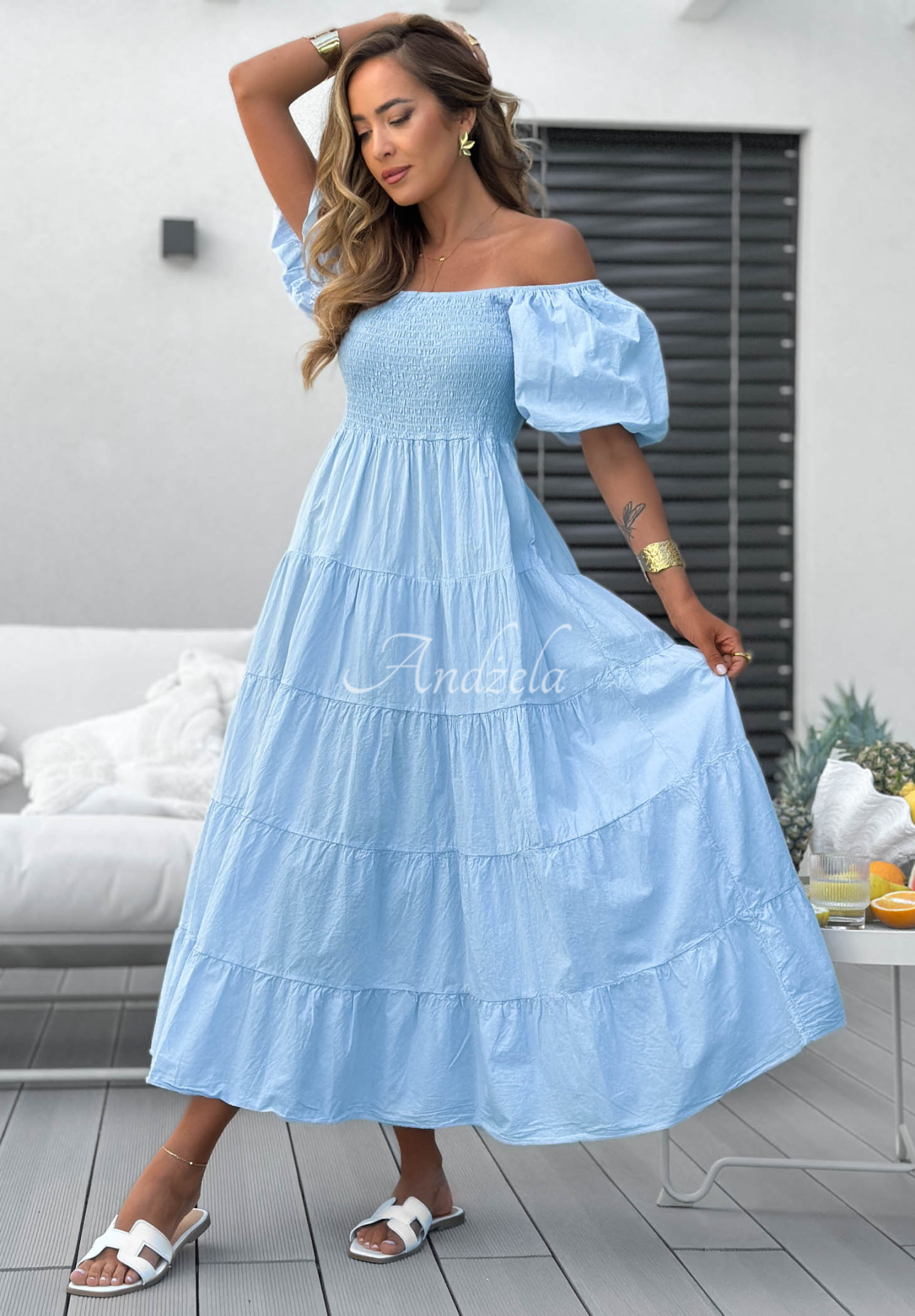 Rochie midi din bumbac cu volănașe și mâneci bufante Ocean Breeze