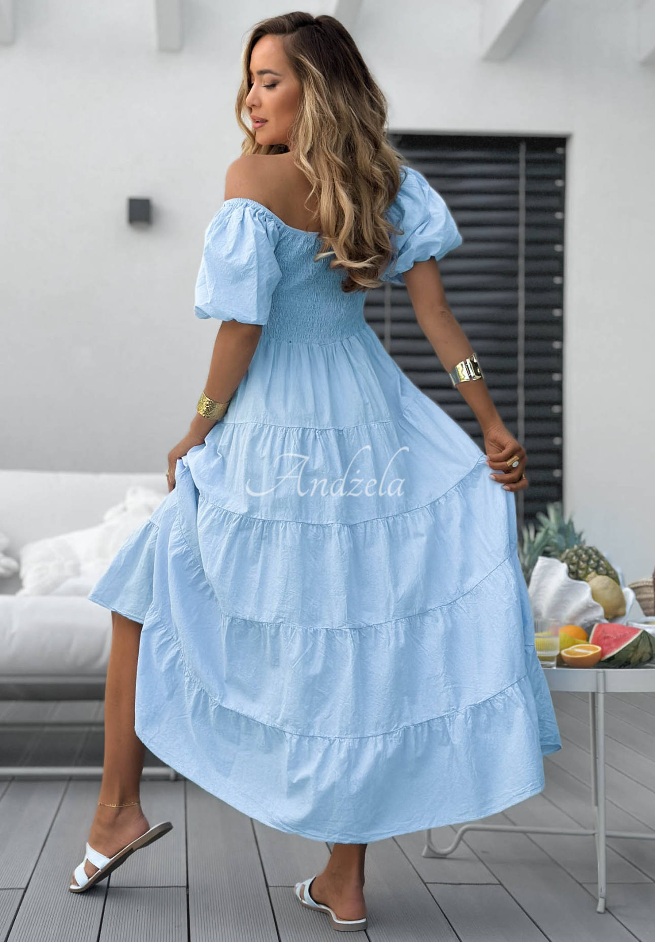 Rochie midi din bumbac cu volănașe și mâneci bufante Ocean Breeze