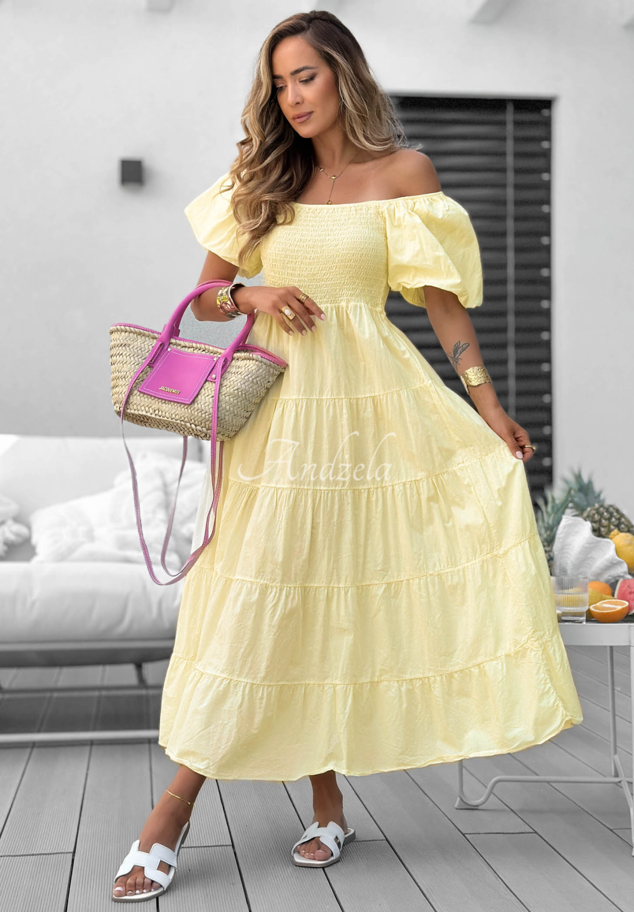 Rochie midi din bumbac cu volănașe și mâneci bufante Ocean Breeze