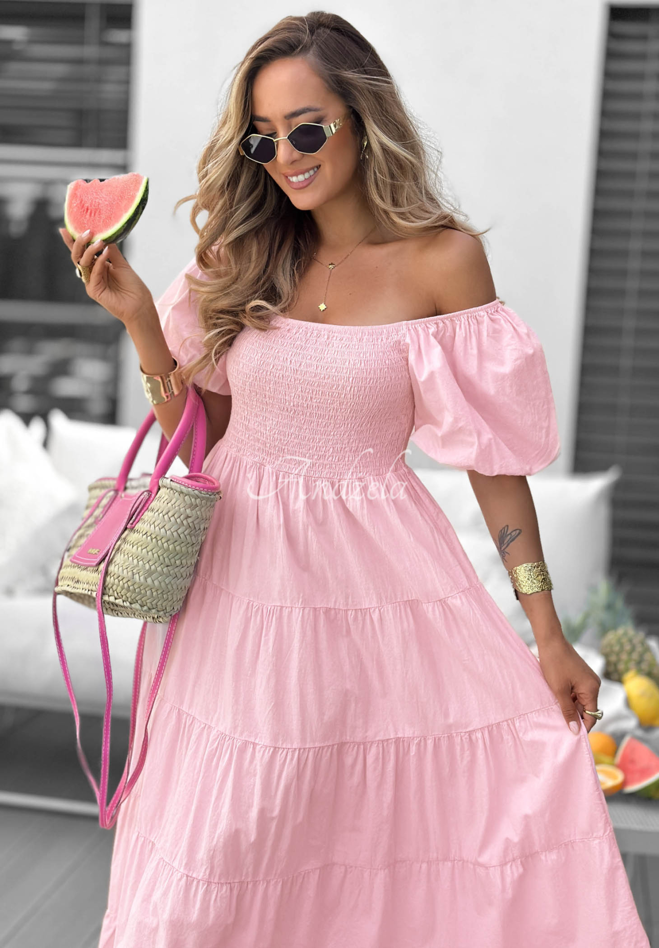 Rochie midi din bumbac cu volănașe și mâneci bufante Ocean Breeze
