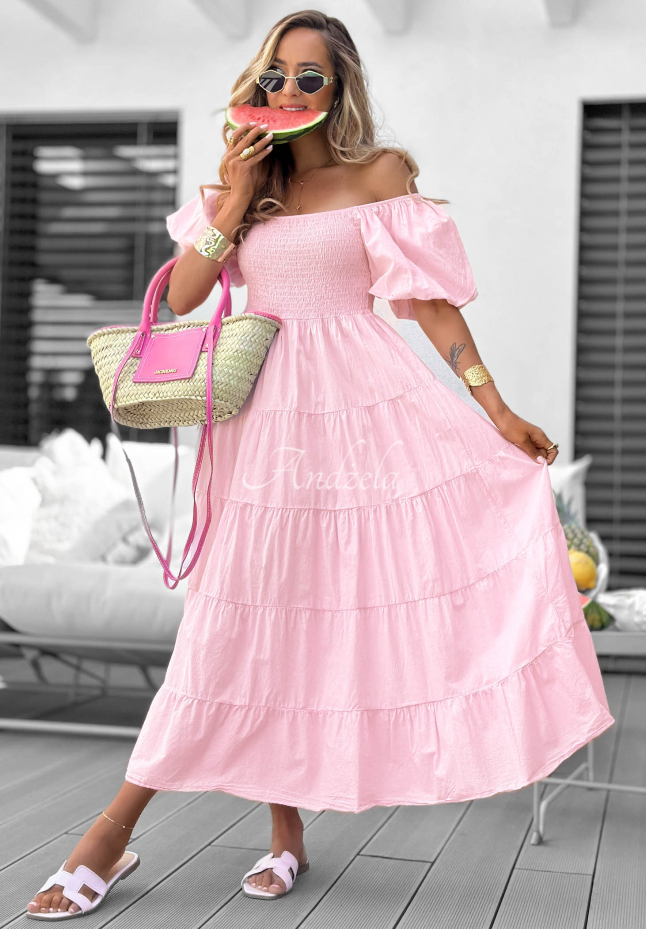 Rochie midi din bumbac cu volănașe și mâneci bufante Ocean Breeze