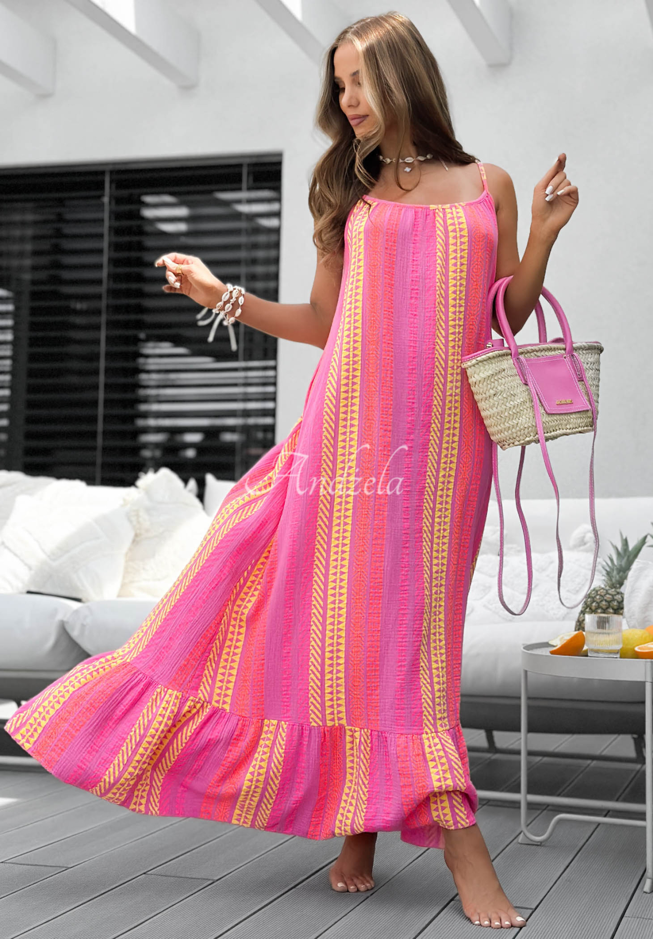 Rochie maxi din bumbac cu bretele cu imprimeu Hello Sunshine