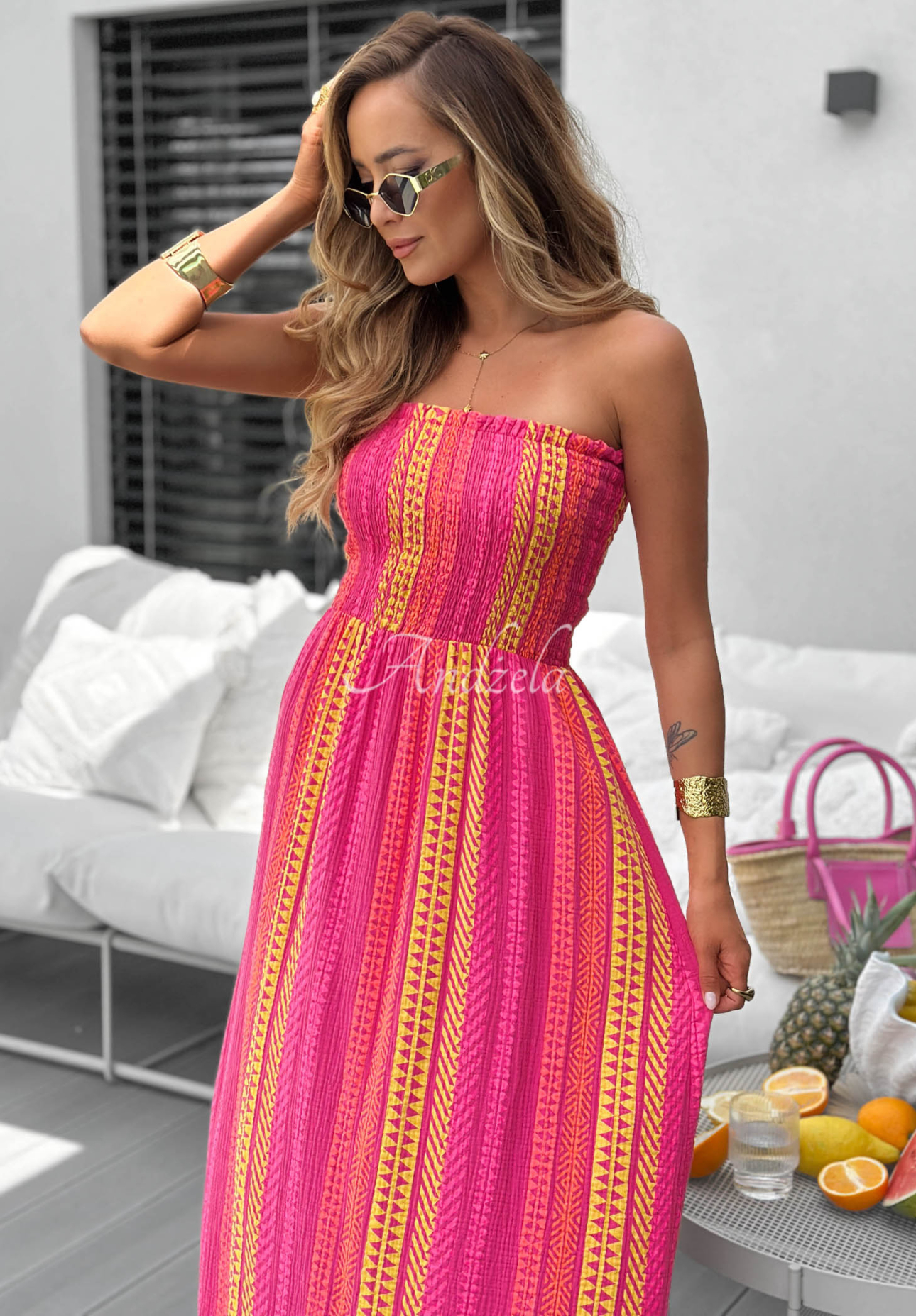 Rochie midi din bumbac fără bretele cu imprimeu Sun Nectar