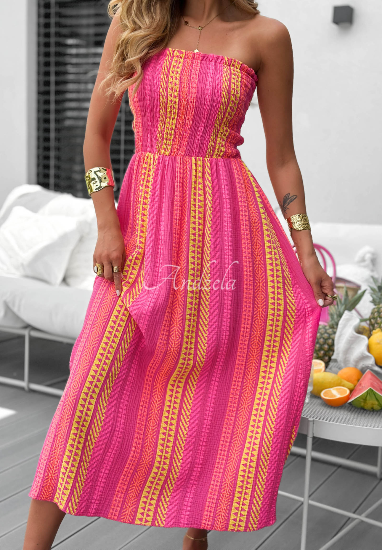 Rochie maxi din bumbac fără bretele cu imprimeu Sun Nectar
