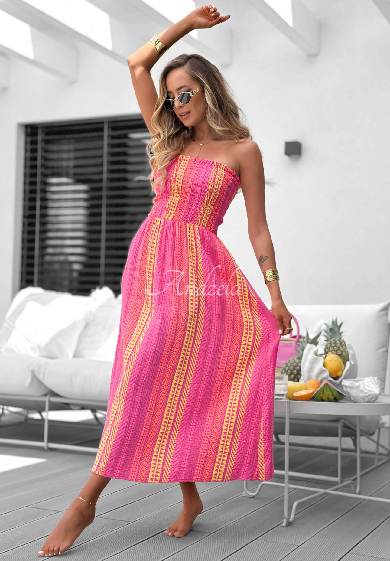 Rochie midi din bumbac fără bretele cu imprimeu Sun Nectar