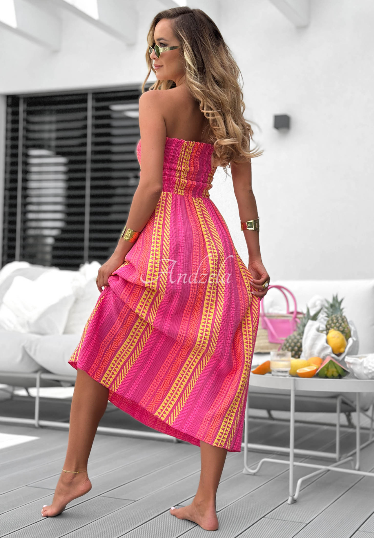 Rochie maxi din bumbac fără bretele cu imprimeu Sun Nectar
