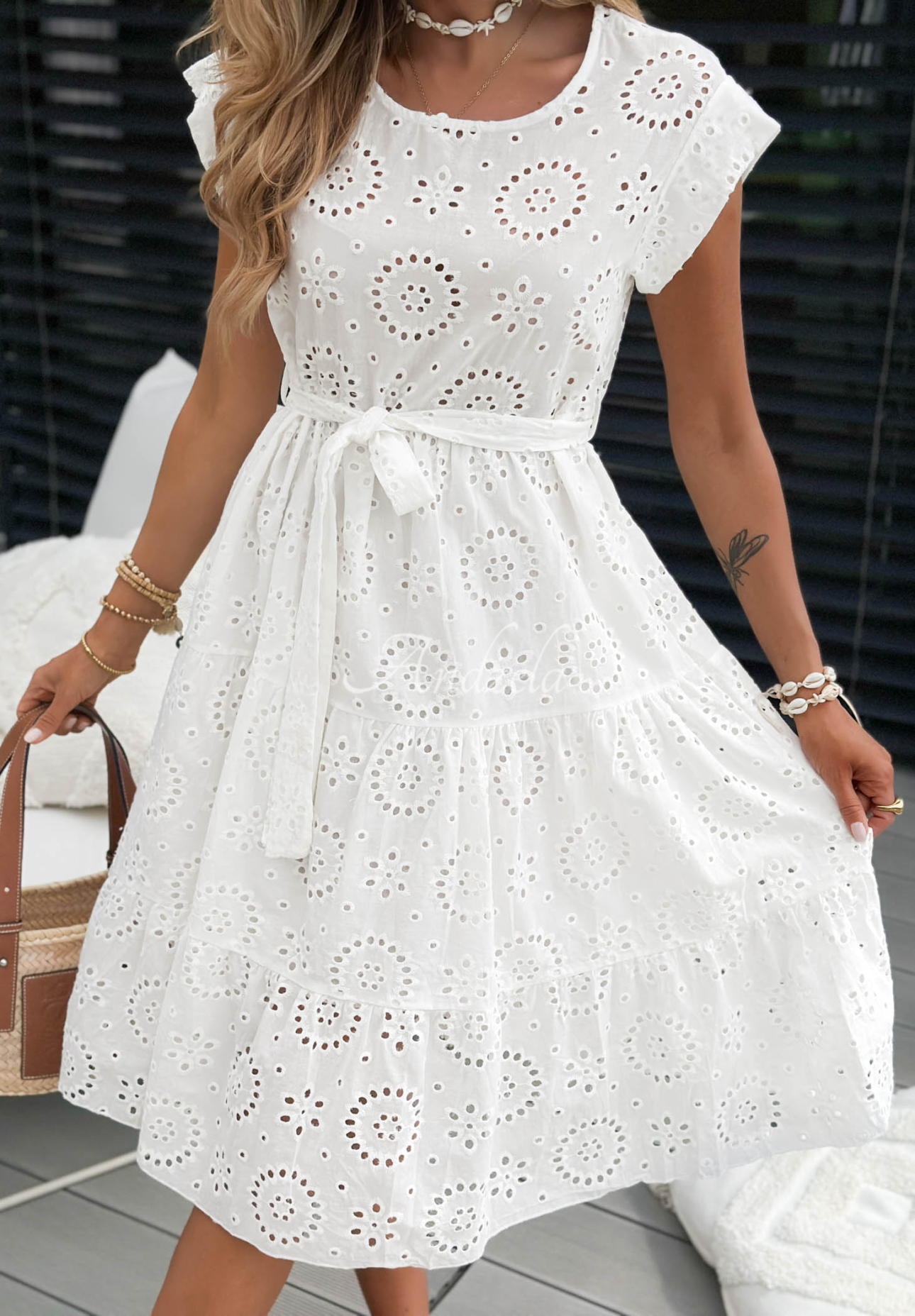 Rochie midi ajurată din bumbac cu volănașe boho Palm Sky