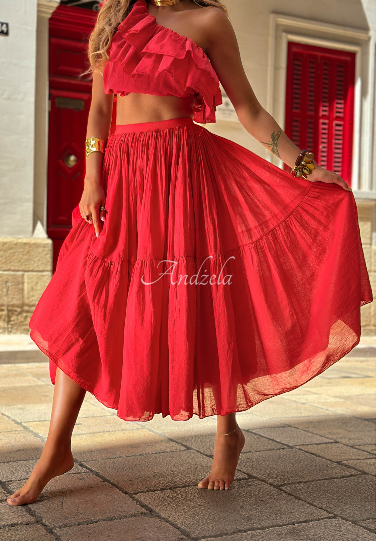 Fustă maxi din bumbac cu talie elastică Malta Romance Flame