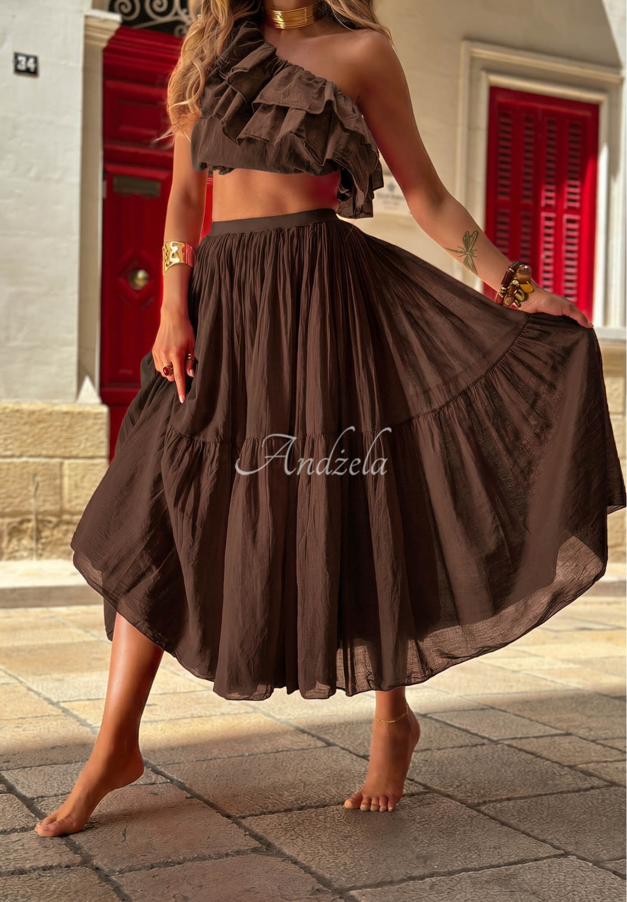 Fustă maxi din bumbac cu talie elastică Malta Romance Flame
