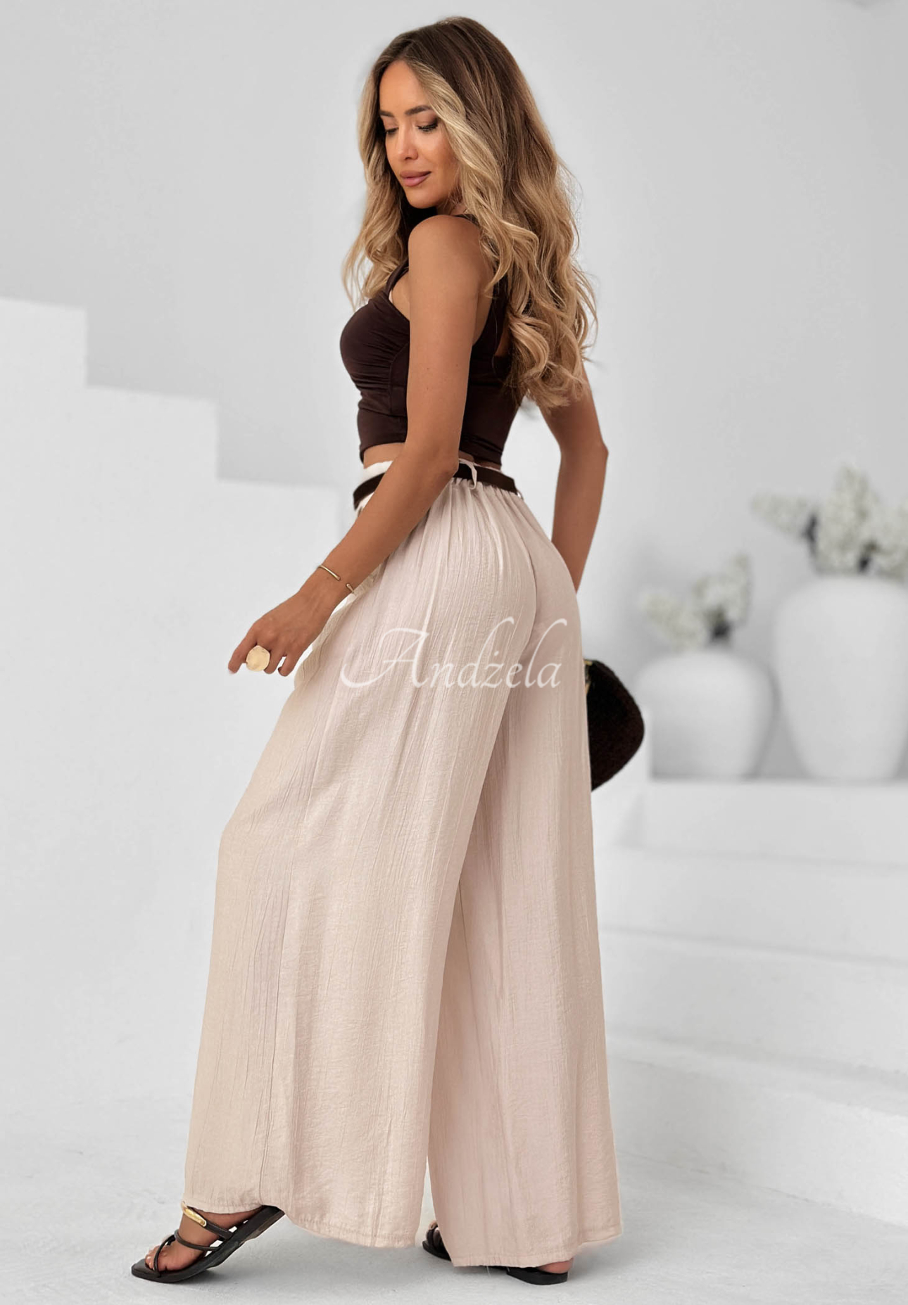 Pantaloni wide leg din material cu viscoză Summer Trace