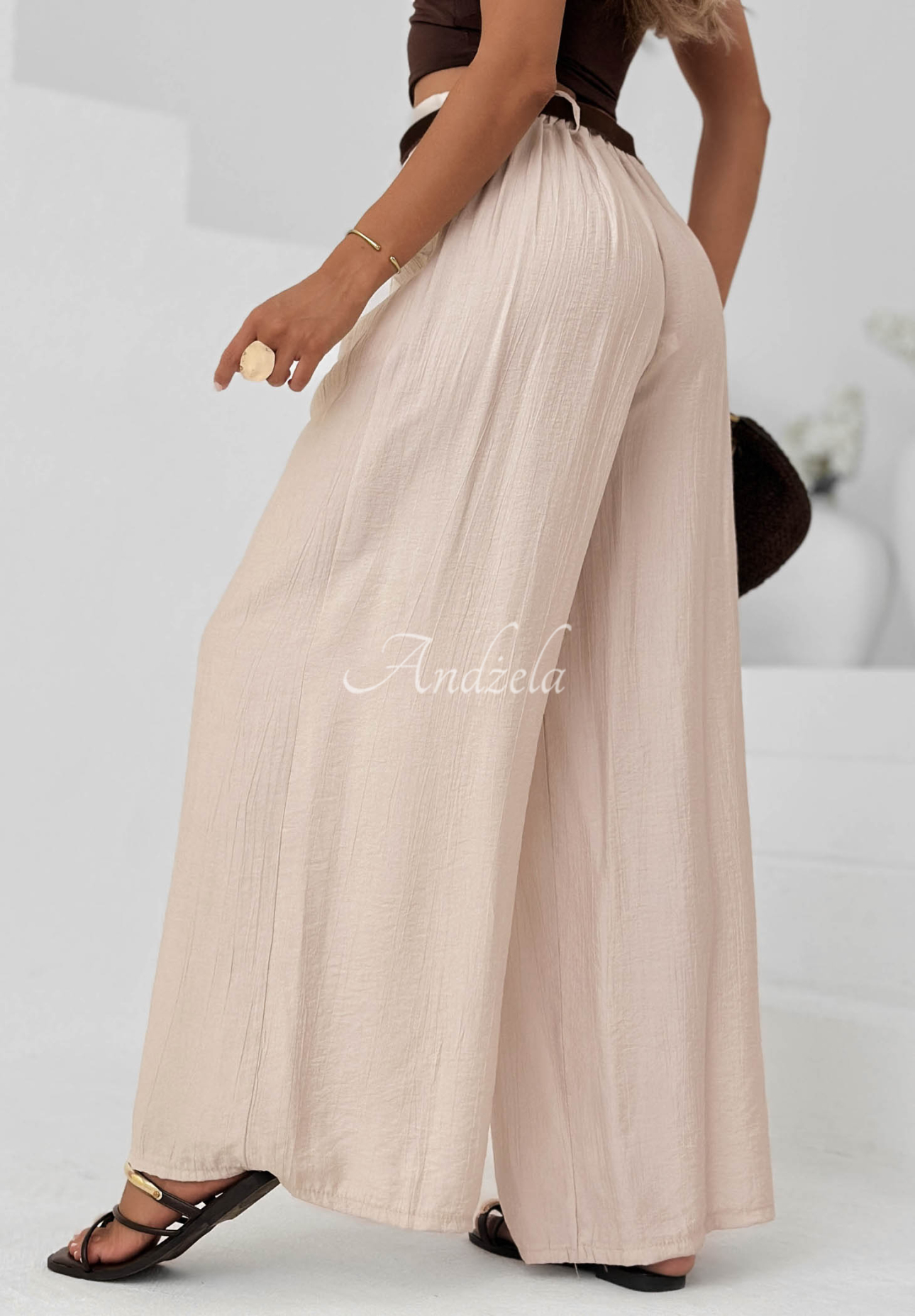 Pantaloni wide leg din material cu viscoză Summer Trace