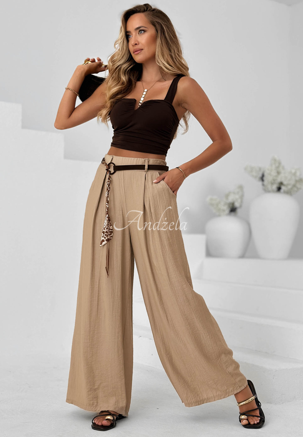 Pantaloni wide leg din material cu viscoză Summer Trace