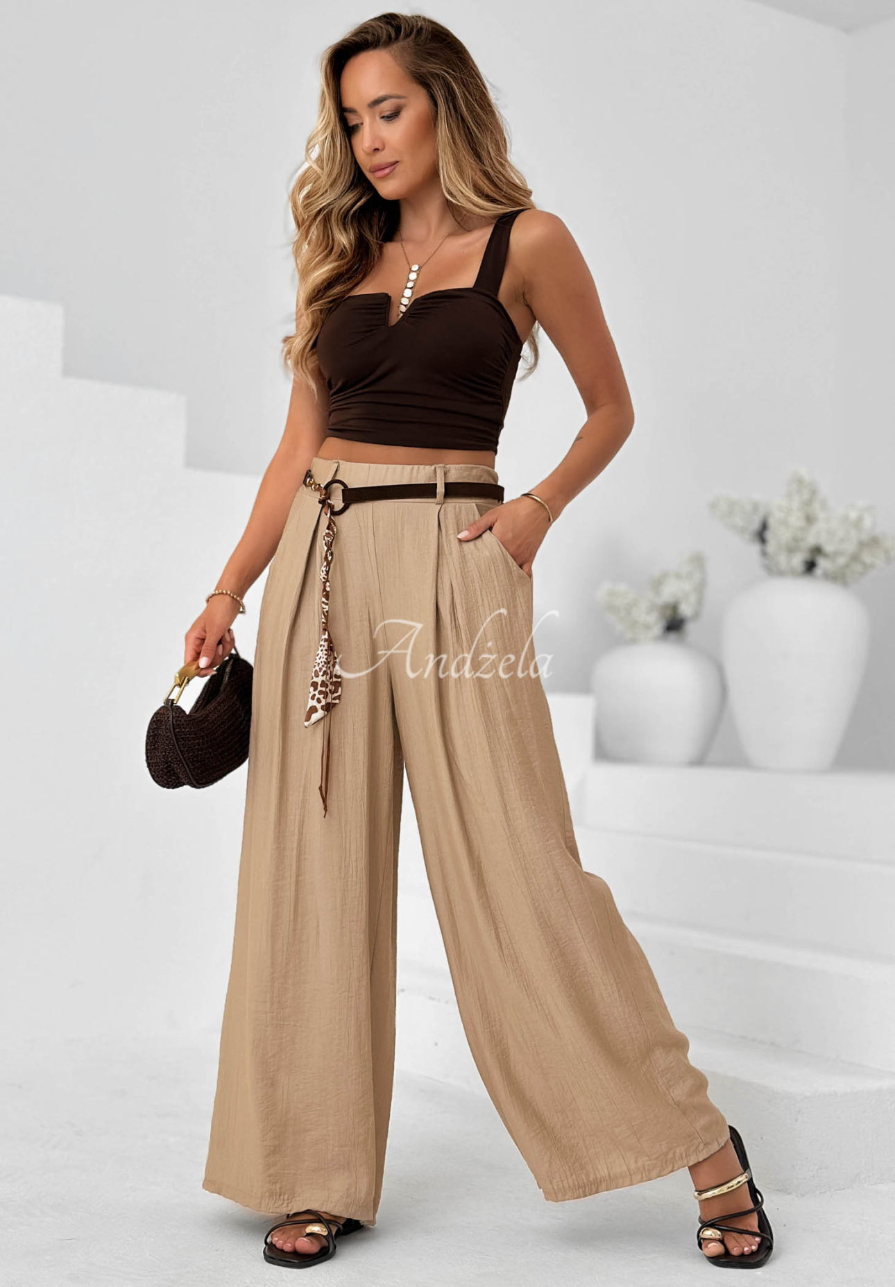 Pantaloni wide leg din material cu viscoză Summer Trace