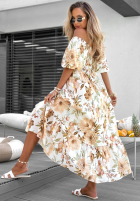 Kwiecista Rochie maxi z bufkami i falbankami Fiore Sole biało-bej