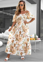 Kwiecista Rochie maxi z bufkami i falbankami Fiore Sole biało-bej