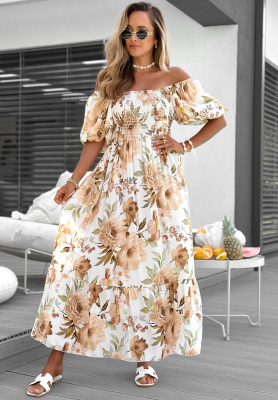 Rochie maxi spaniolă din viscoză cu flori și volănașe Fiore Sole