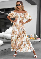 Kwiecista Rochie maxi z bufkami i falbankami Fiore Sole biało-bej