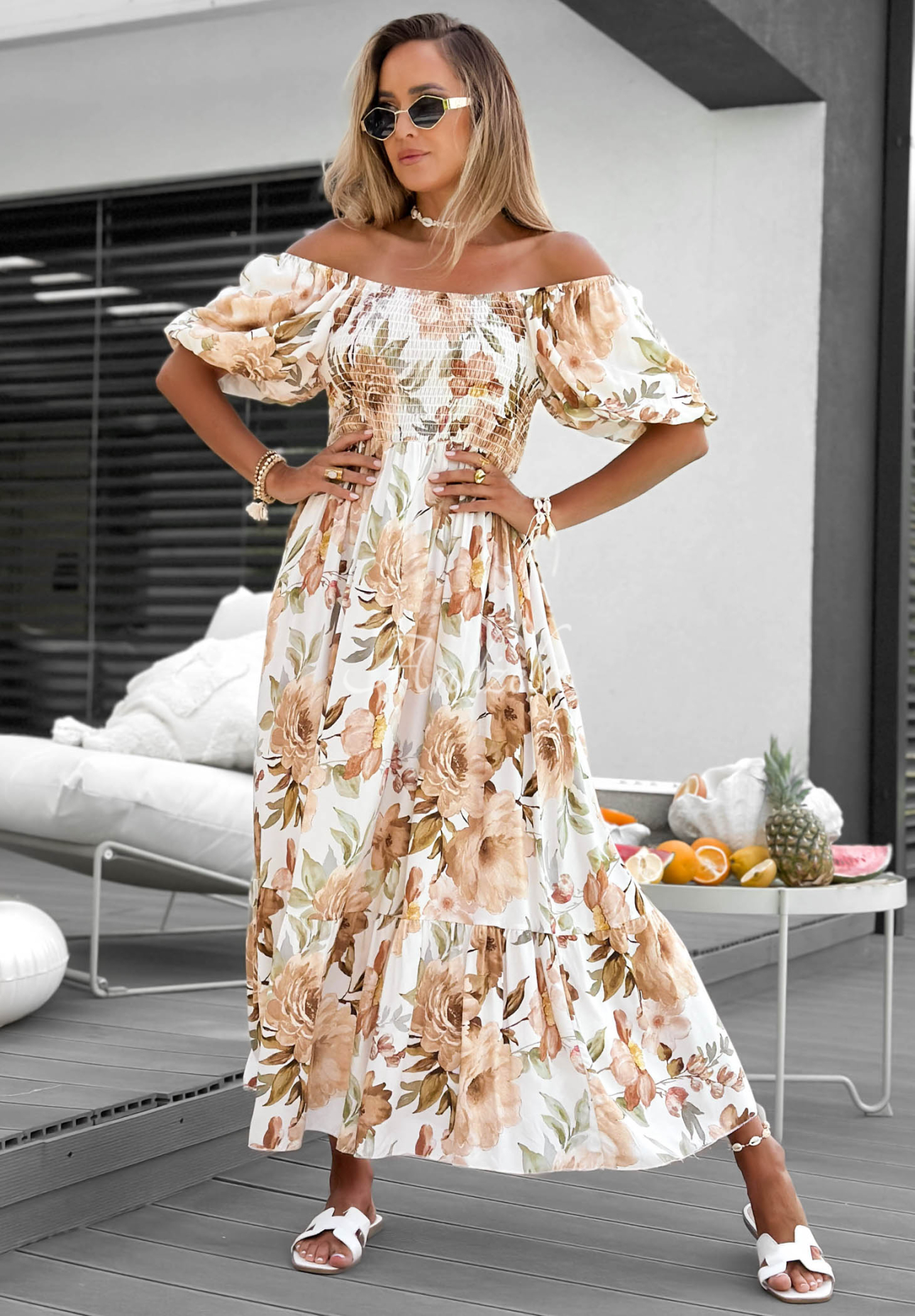 Rochie maxi spaniolă din viscoză cu flori și volănașe Fiore Sole