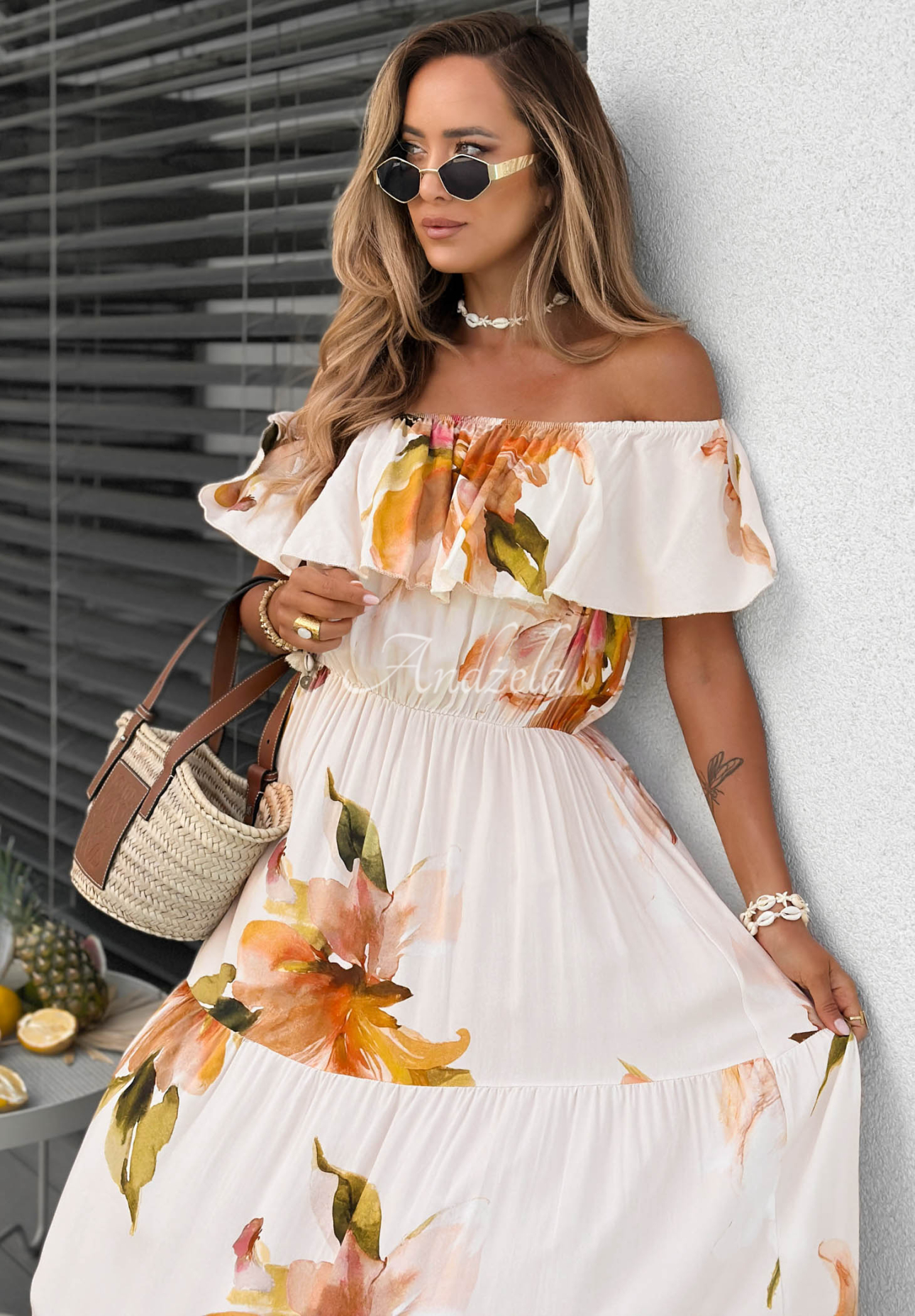 Rochie maxi spaniolă din viscoză cu flori și volănașe Florissa