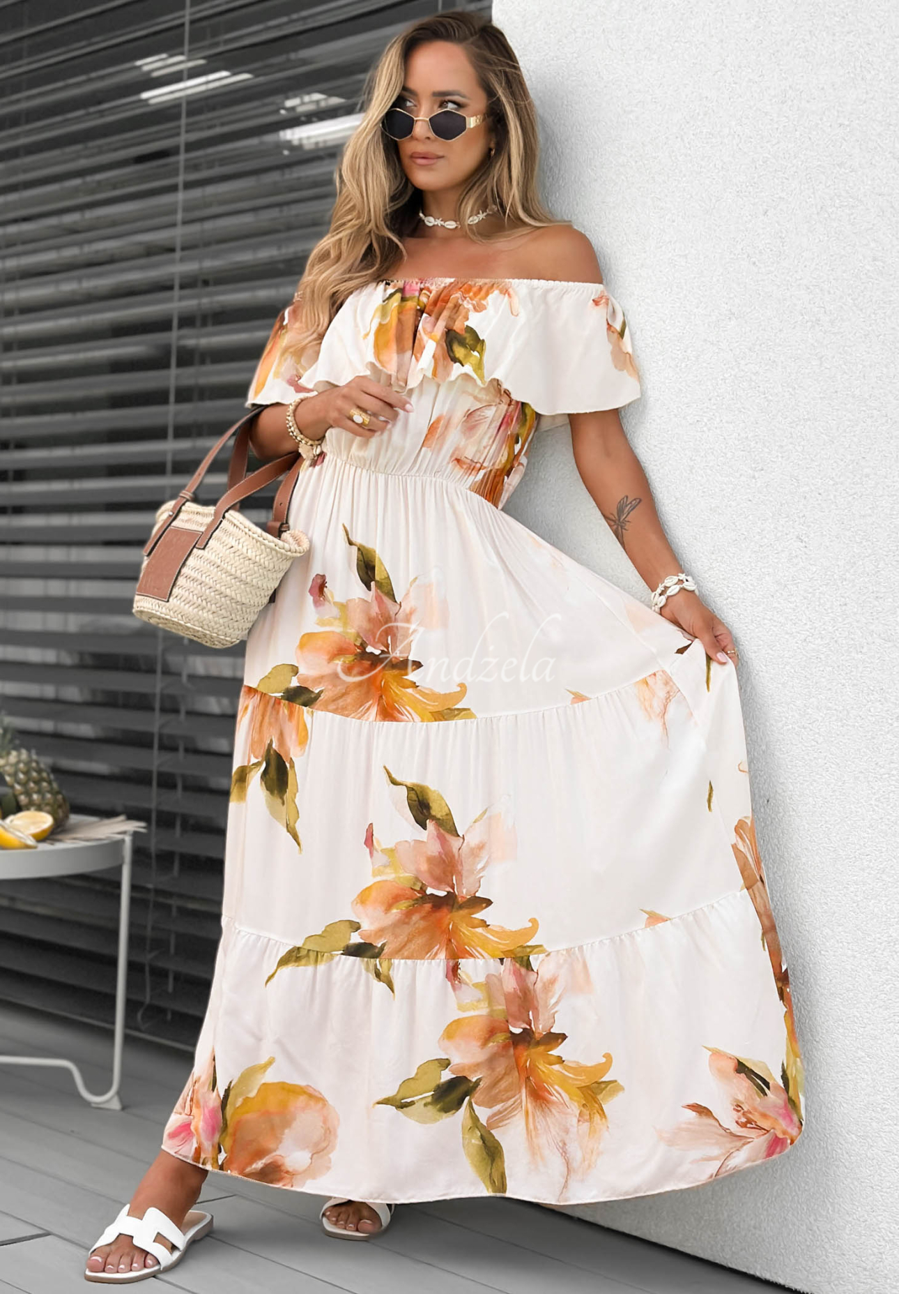 Rochie maxi spaniolă din viscoză cu flori și volănașe Florissa
