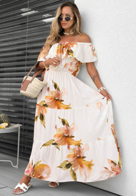 Rochie maxi spaniolă din viscoză cu flori și volănașe Florissa