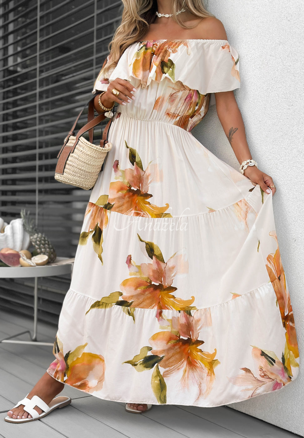 Rochie maxi spaniolă din viscoză cu flori și volănașe Florissa