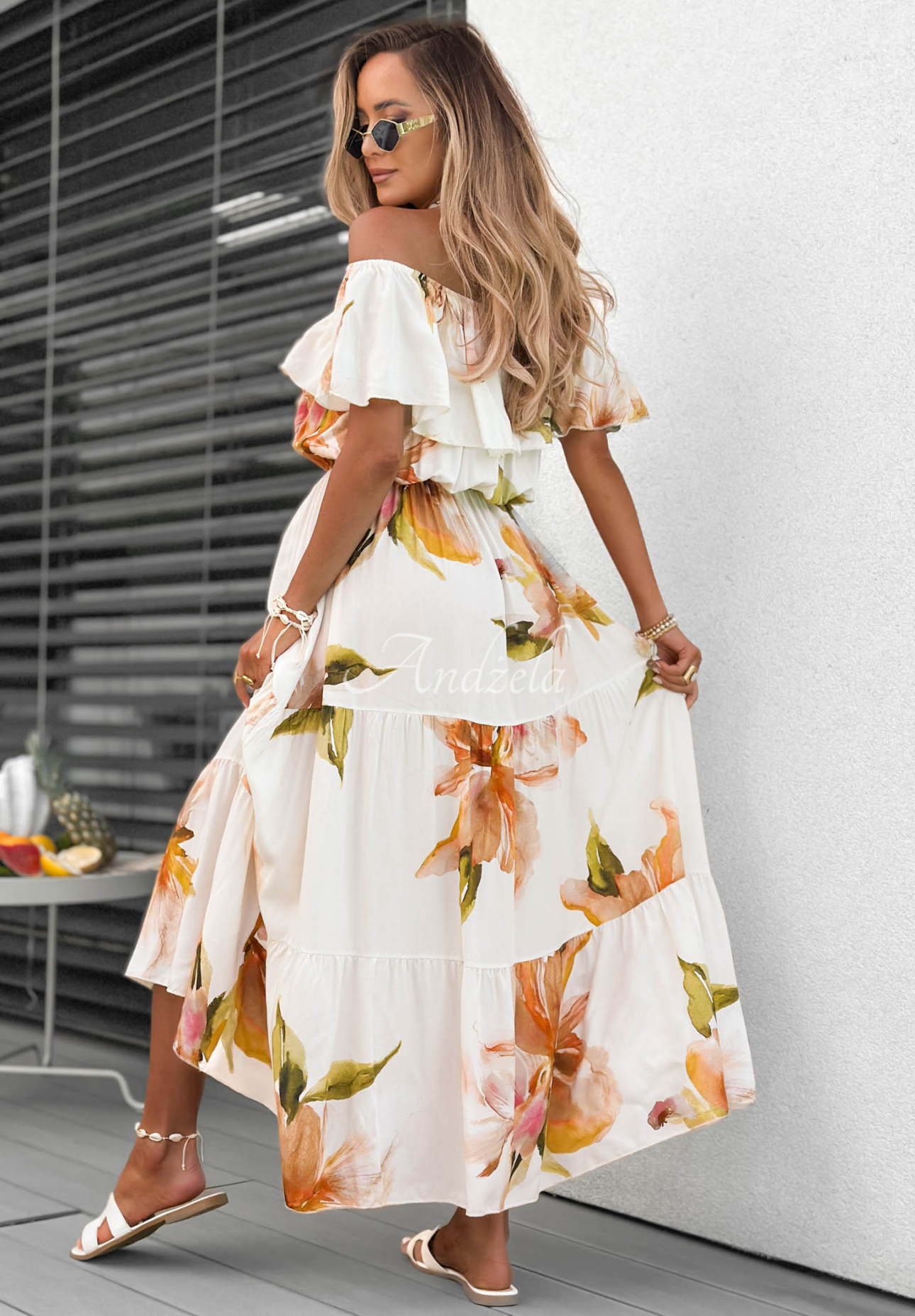 Rochie maxi spaniolă din viscoză cu flori și volănașe Florissa