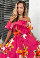 Kwiecista Rochie Cu croială spaniolă maxi z falbankami Florissa fucsia
