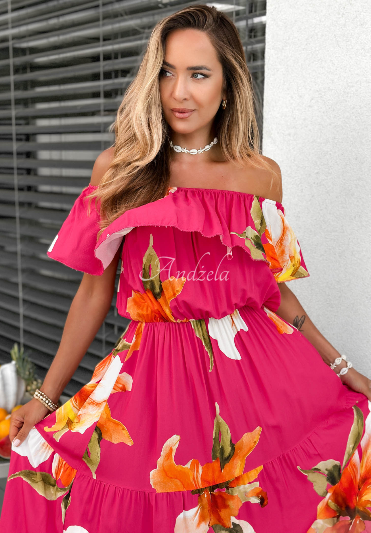 Rochie maxi spaniolă din viscoză cu flori și volănașe Florissa
