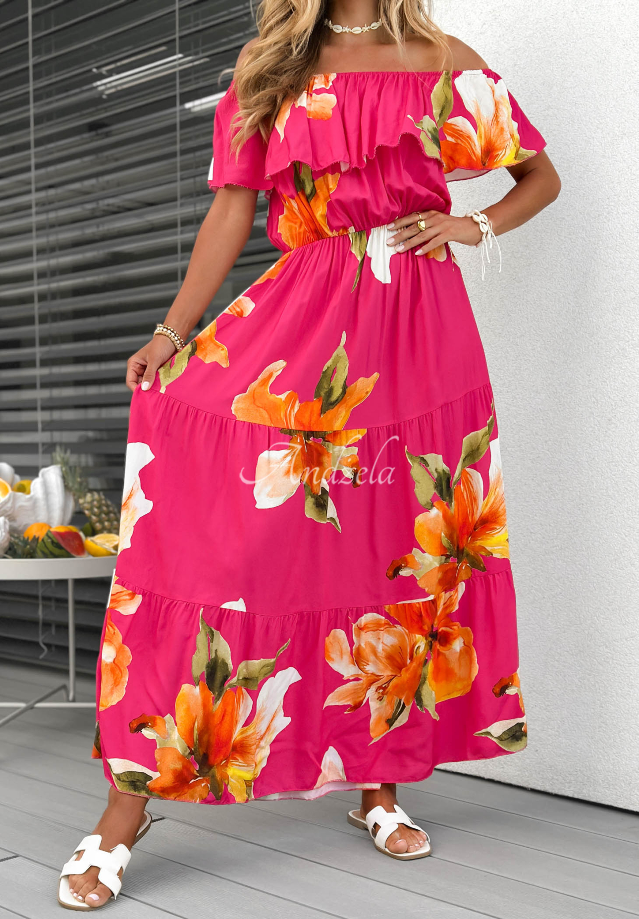 Rochie maxi spaniolă din viscoză cu flori și volănașe Florissa