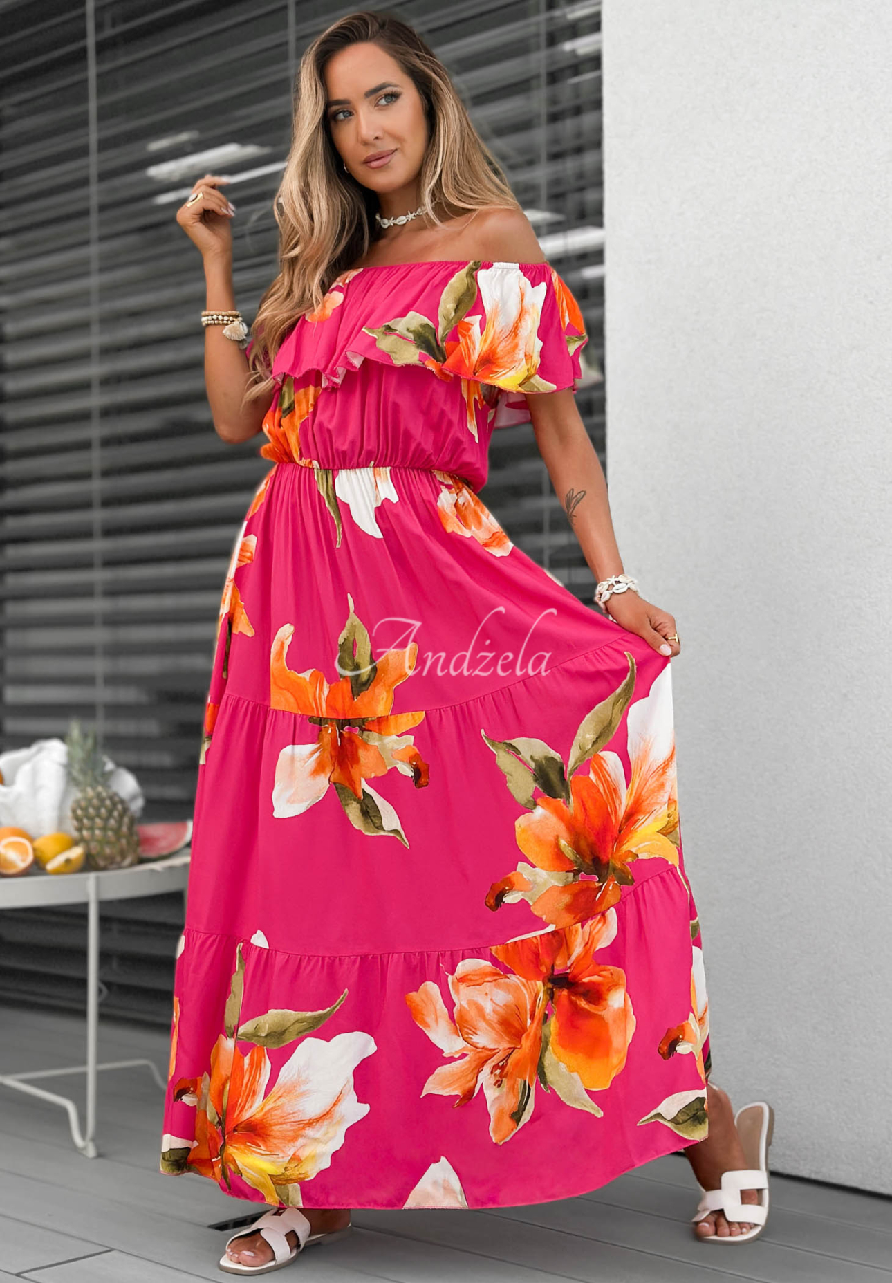 Rochie maxi spaniolă din viscoză cu flori și volănașe Florissa