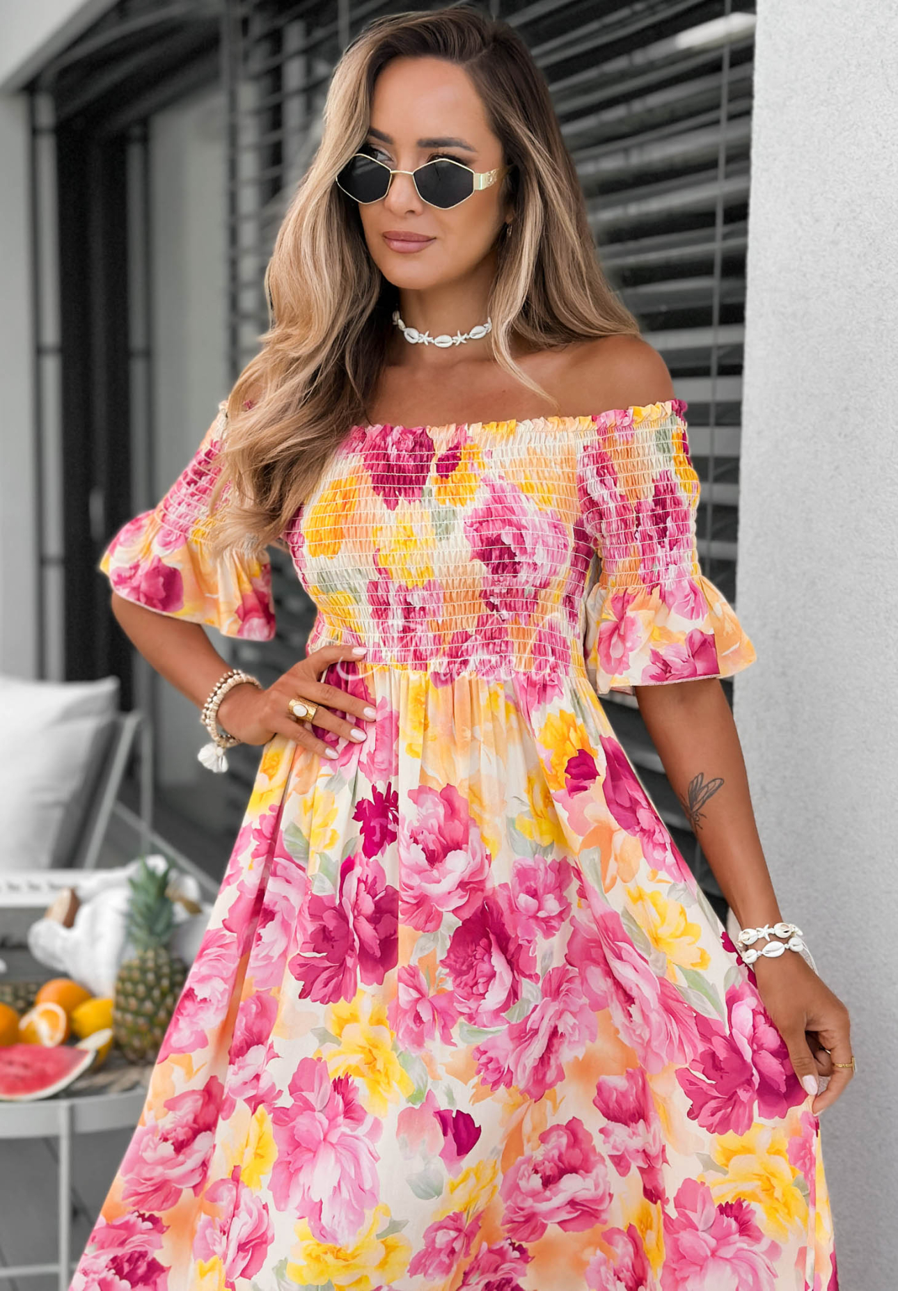 Rochie maxi spaniolă din viscoză cu flori și volănașe Bloom Coast