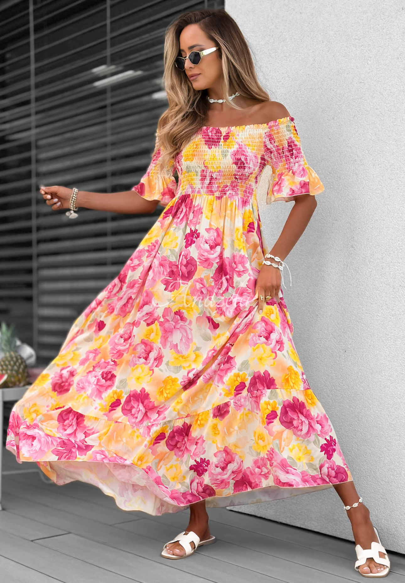 Rochie maxi spaniolă din viscoză cu flori și volănașe Bloom Coast