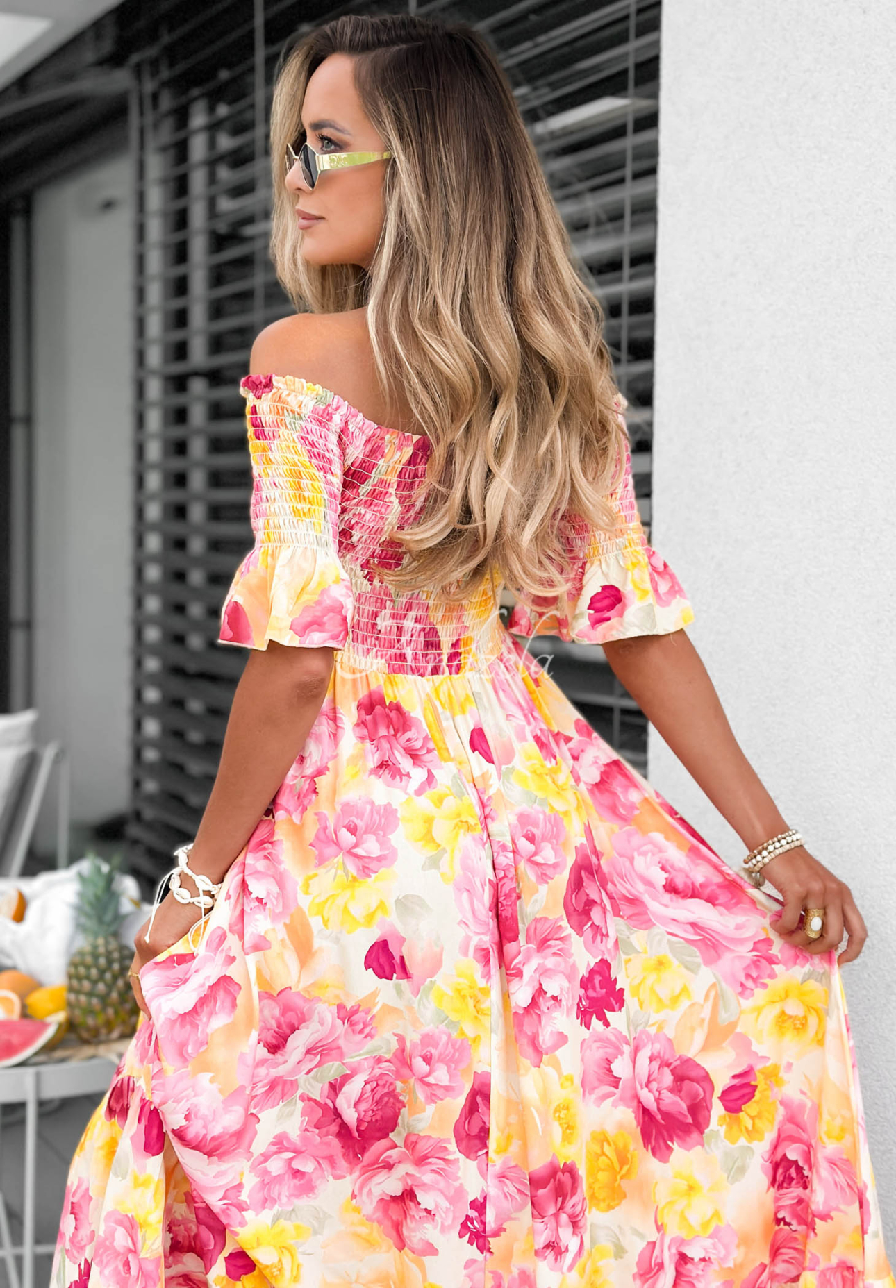 Rochie maxi spaniolă din viscoză cu flori și volănașe Bloom Coast
