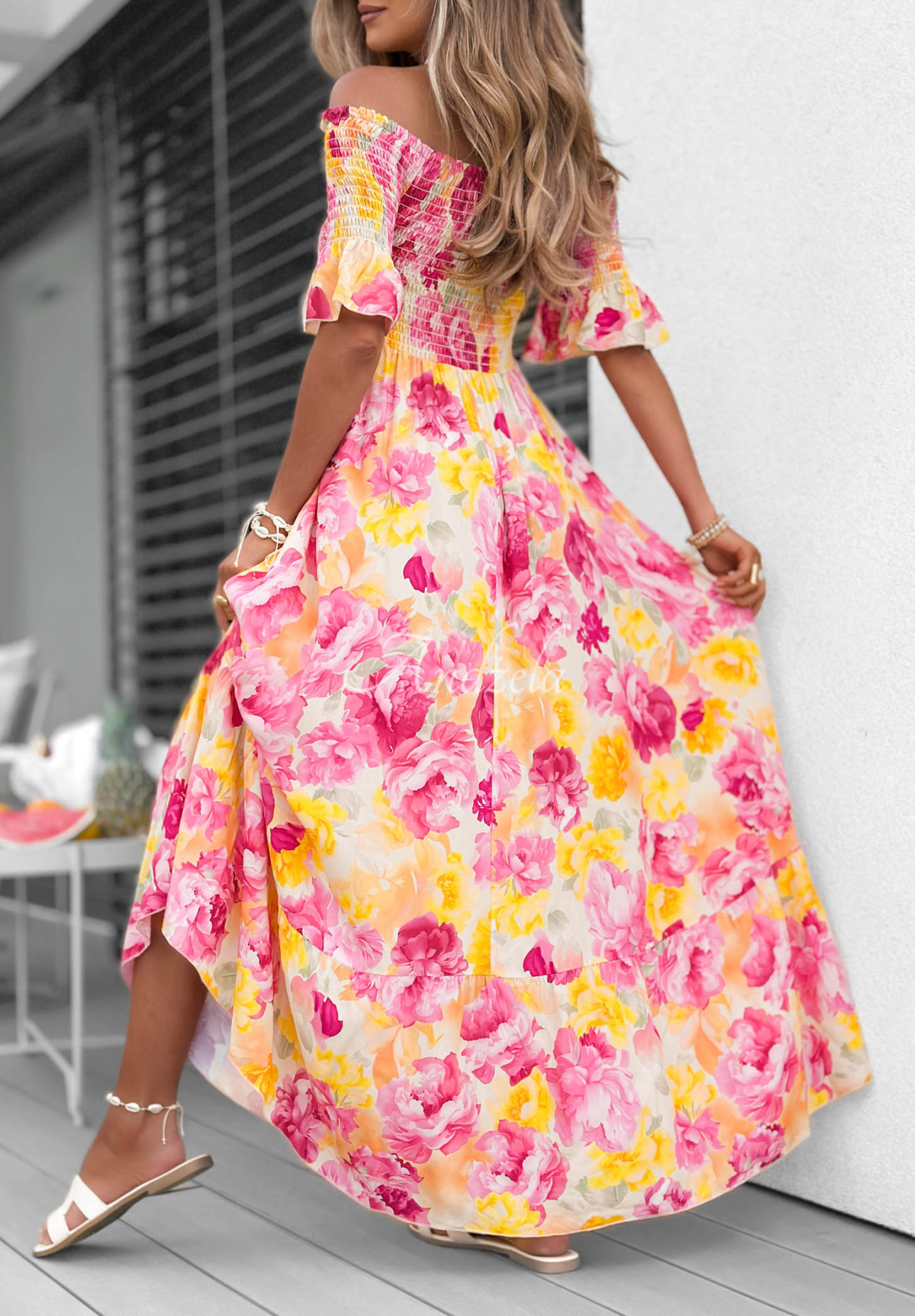Rochie maxi spaniolă din viscoză cu flori și volănașe Bloom Coast