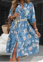Koszulowa Rochie midi w kwiaty z paskiem La Florita albastru deschis