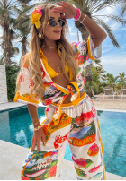 Wzorzysty Compleu Cămașă i Pantaloni wide leg Aloha Paradise biało-galbene