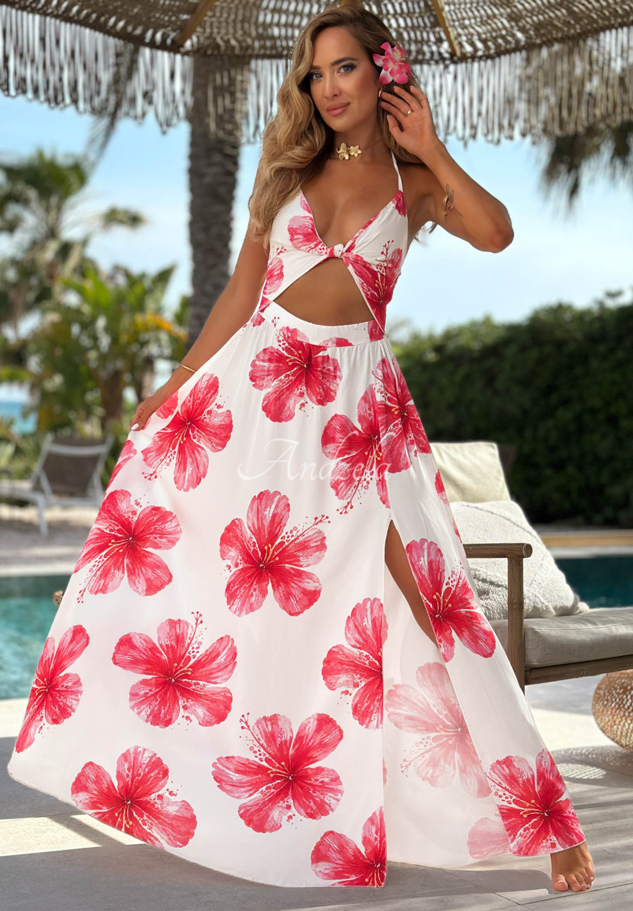 Rochie maxi florală pe bretele din viscoză Hawaii Hibiscus
