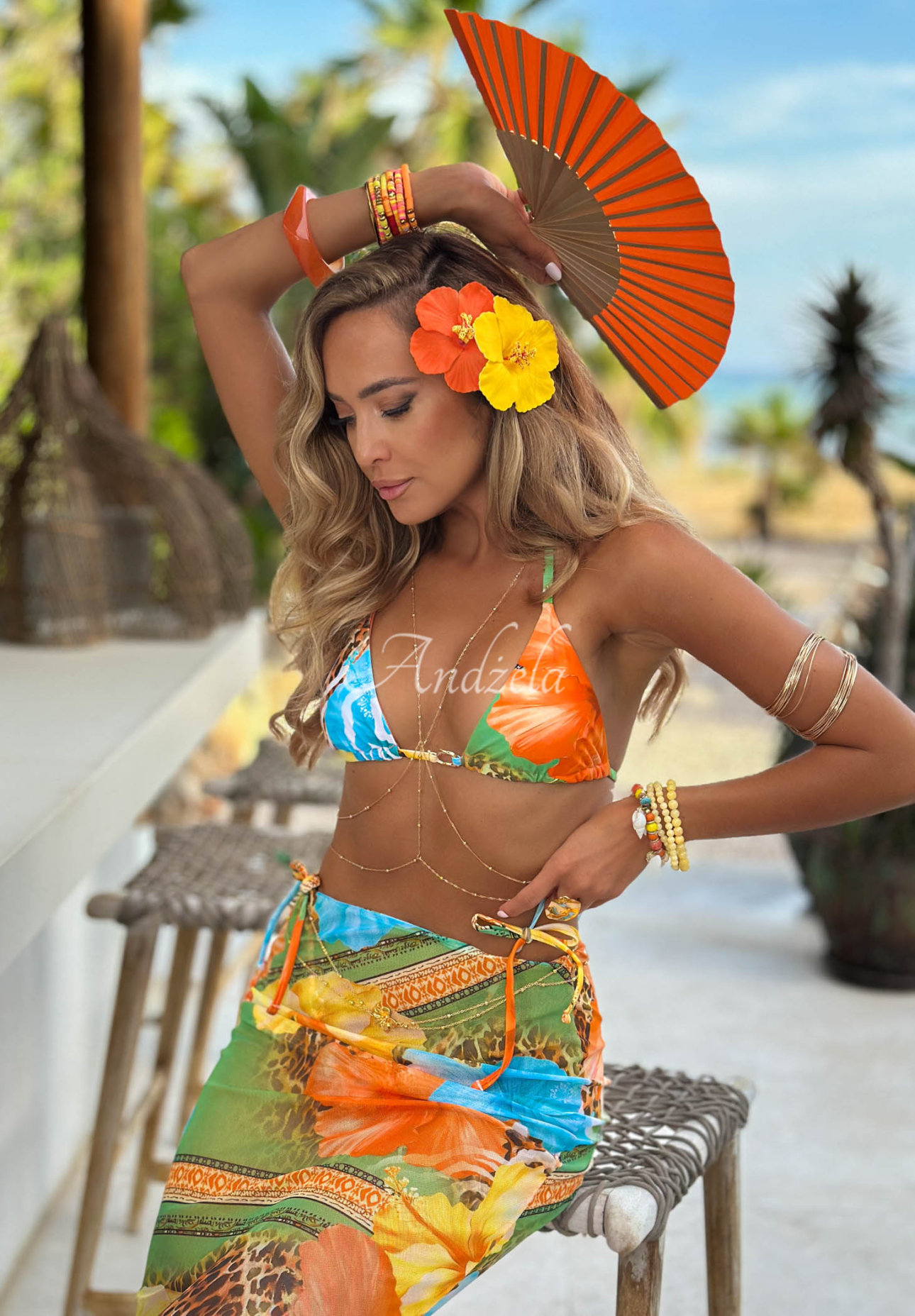 Set de plajă format din costum de baie din două piese și pareo cu imprimeu Mermaid Kiss