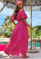 Rochie Cu croială spaniolă maxi z falbankami Sunset Diva ciocolatie