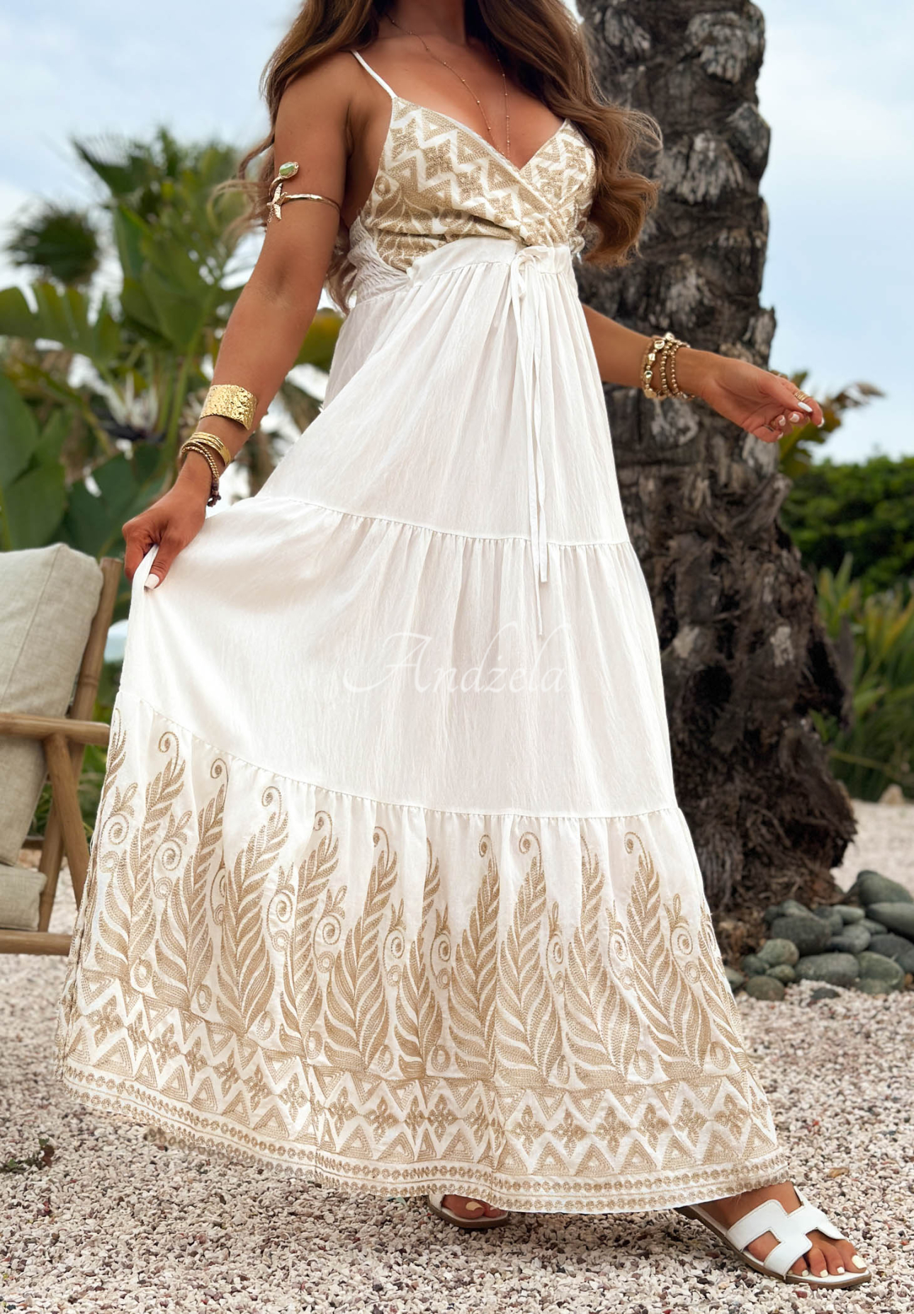 Rochie maxi cu imprimeu pe bretele din viscoză Summer Palms