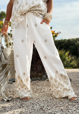 Pantaloni wide leg din material cu imprimeu Summer Palms