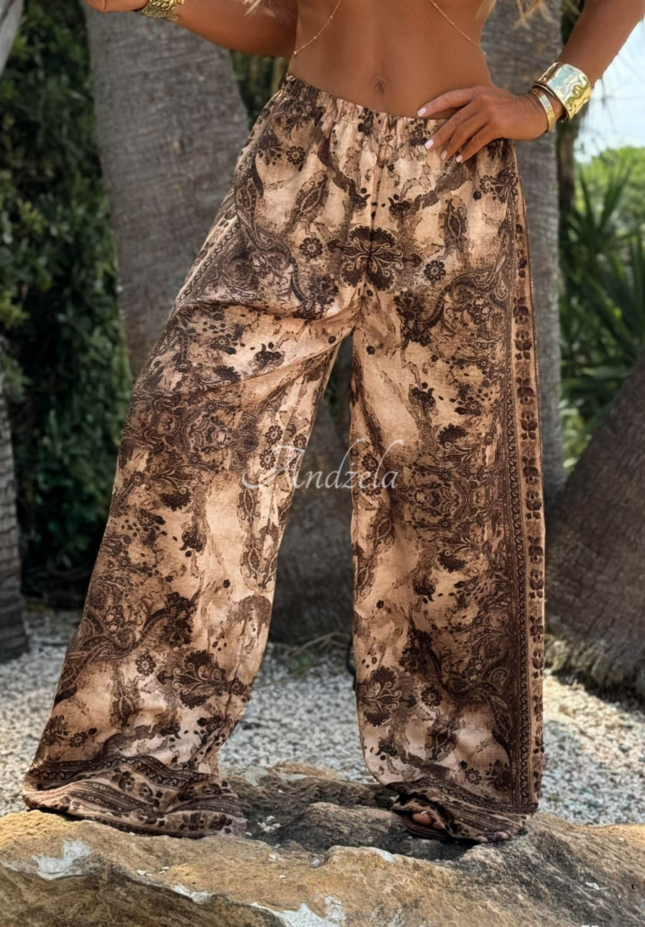 Set din viscoză cu cămașă și pantaloni wide leg Sunny Cocoa