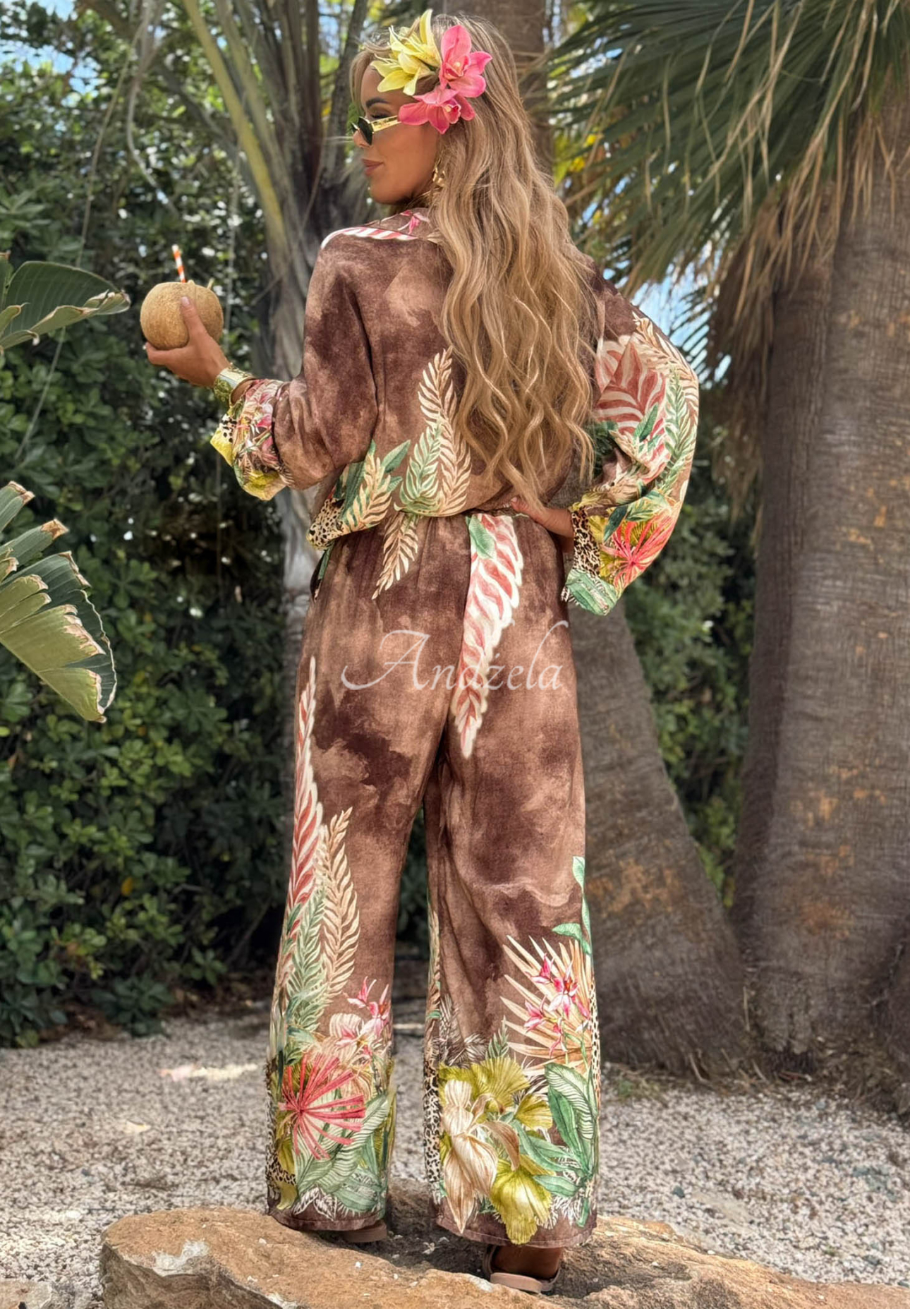 Set cu imprimeu din viscoză format din cămașă și pantaloni wide leg Lamparti
