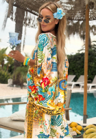 Wzorzysty Compleu Bluză i Pantaloni wide leg Exotic Ornaments biało-albastru