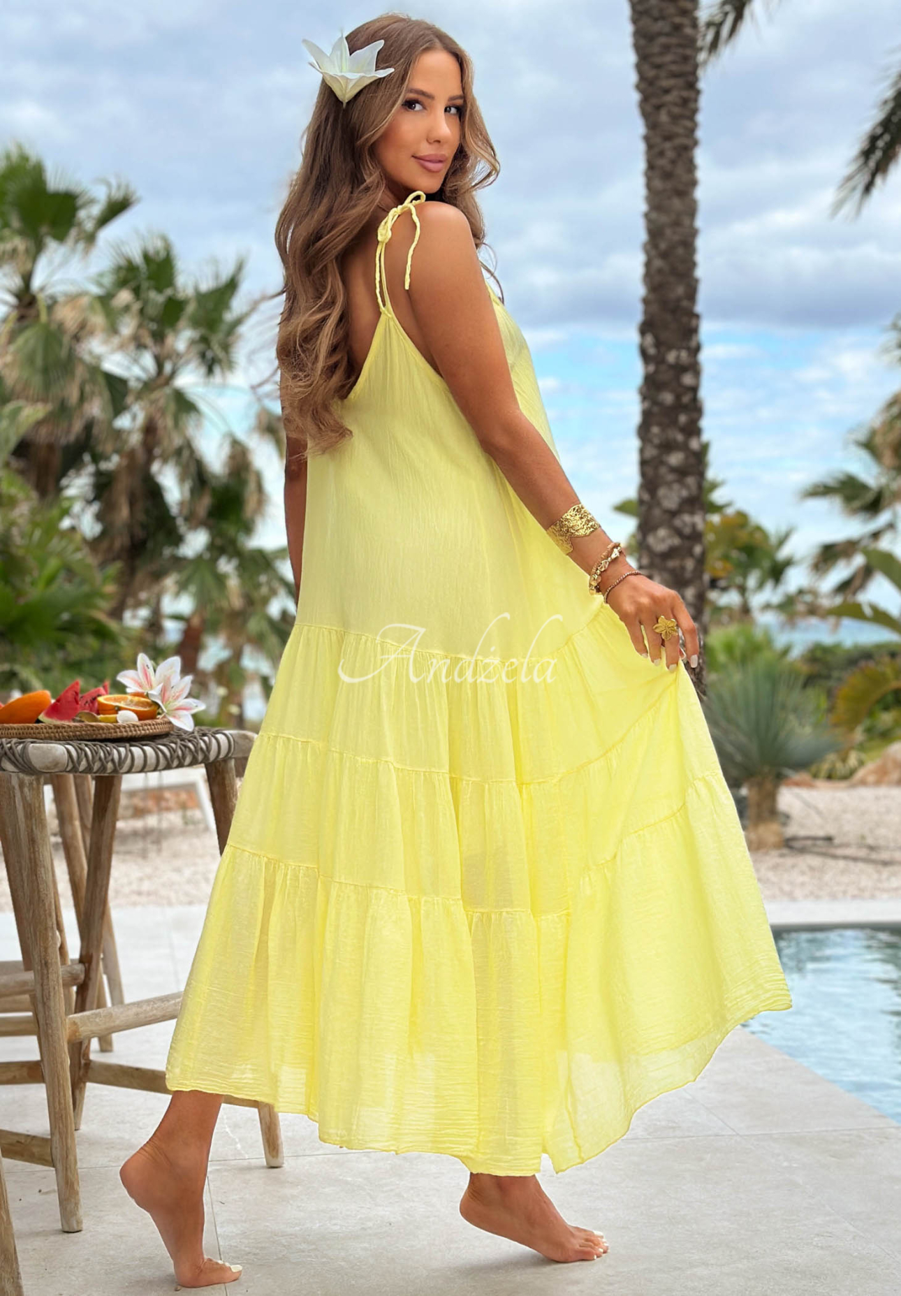 Rochie aerisită din bumbac pe bretele cu volănașe Hot Waves