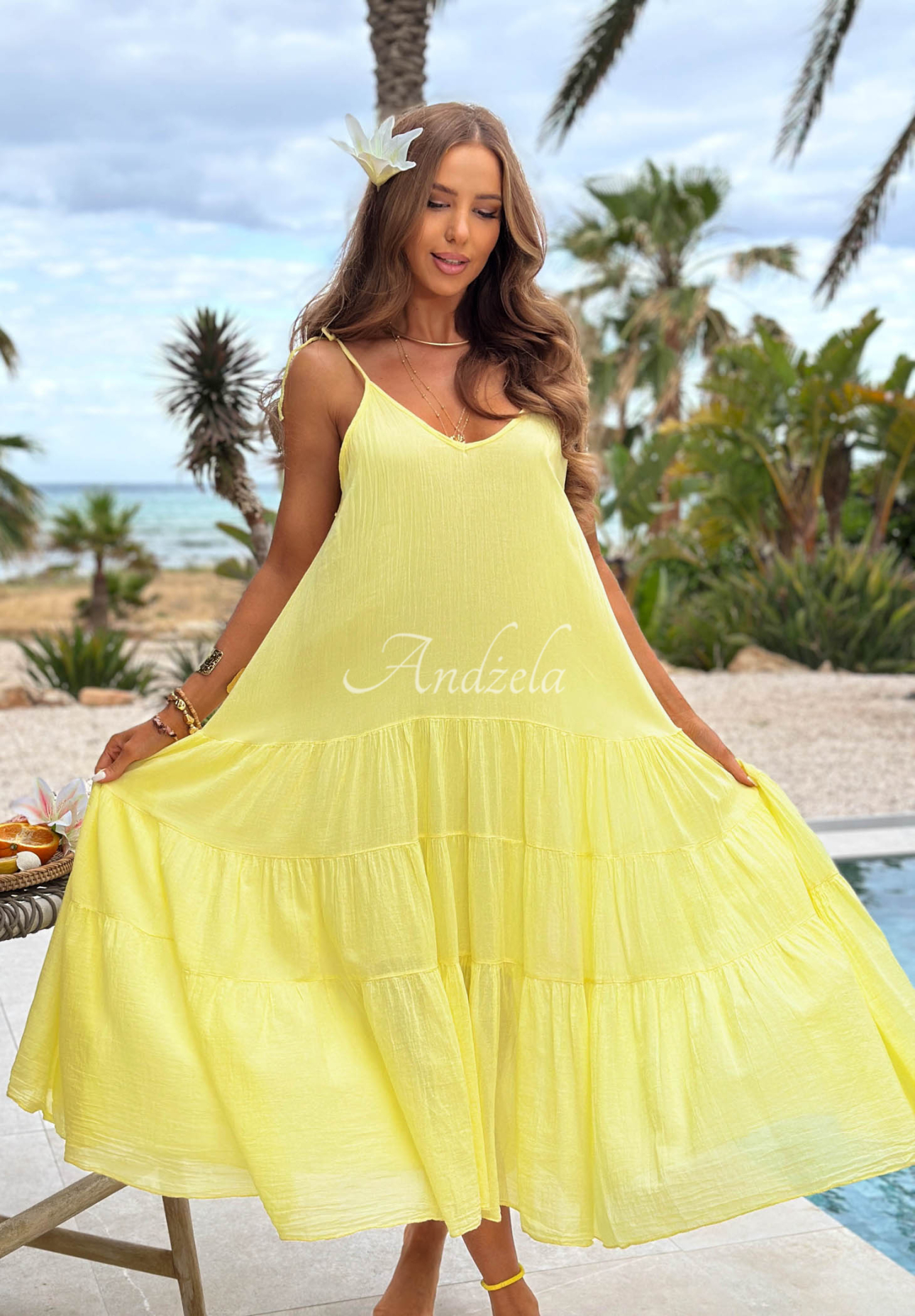 Rochie aerisită din bumbac pe bretele cu volănașe Hot Waves