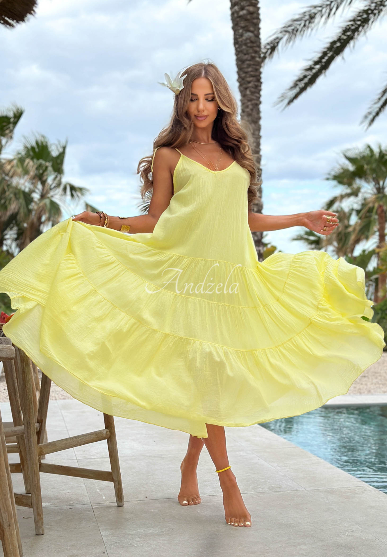 Rochie aerisită din bumbac pe bretele cu volănașe Hot Waves