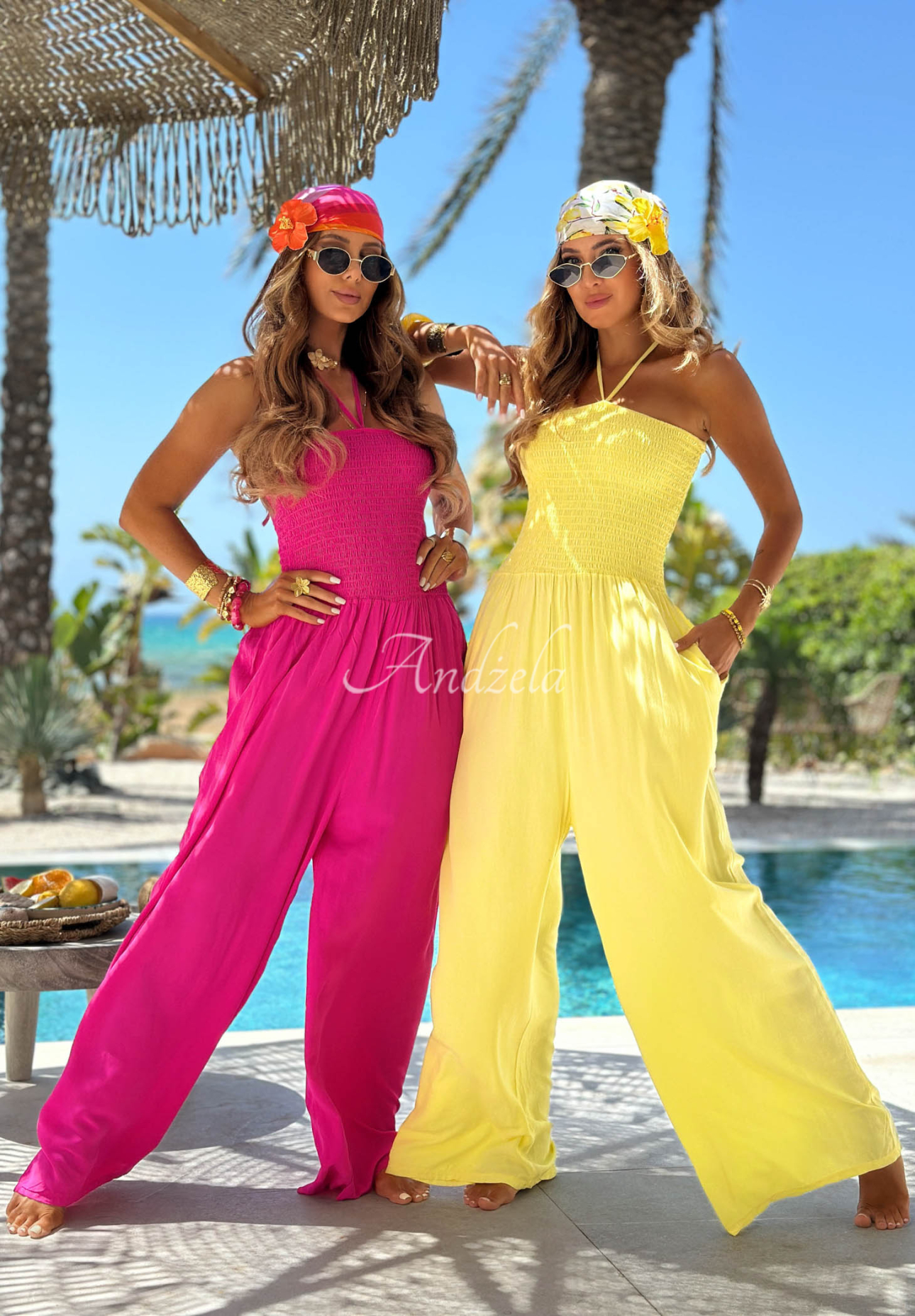 Salopetă lungă din viscoză wide leg cu legare Amalfi Paradise